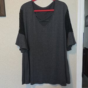 Women's Charcoal Gray V-Neck Top with Lace Sleeves